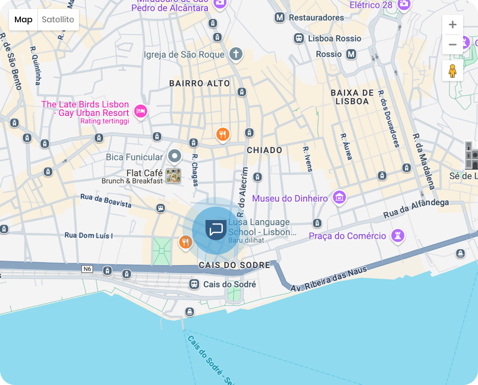 Map showing location of Lusa Language School in central Lisbon near transport links